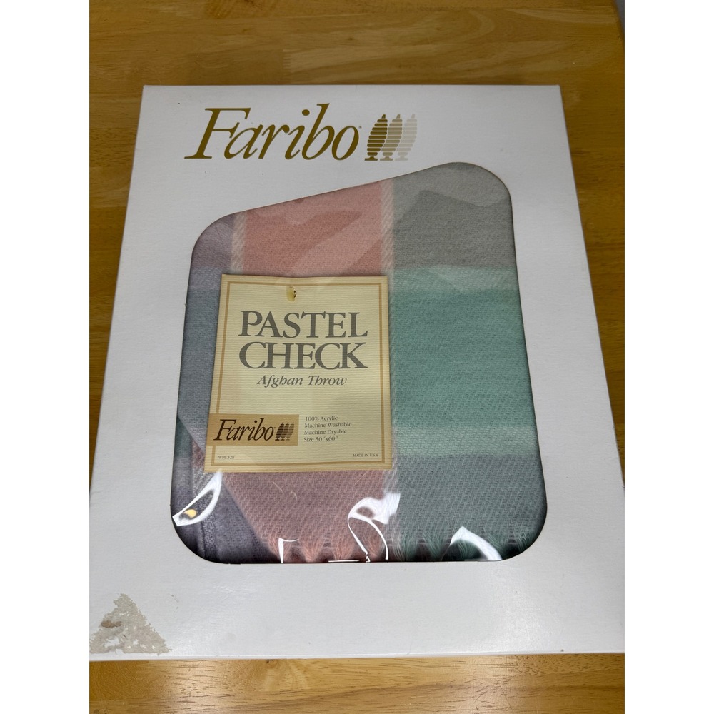 Faribo Vintage Pastel Check Afghan Throw Blanket Pink Green Purple 50x60 USA